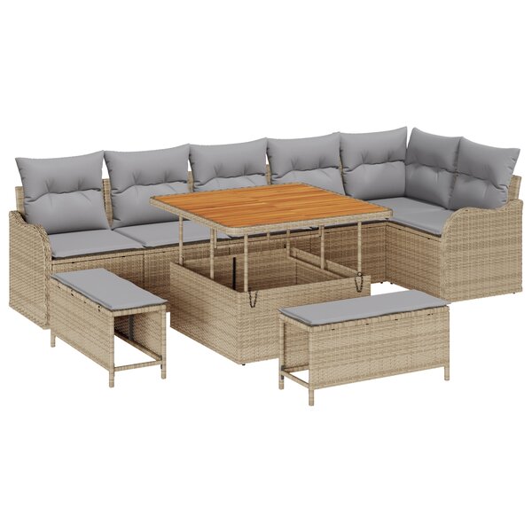 Ensemble de Canapé de Jardin à 9 pièces avec Coussins Beige Poly Rattan Acacia