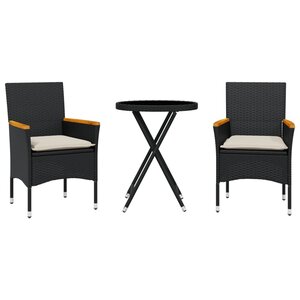 vidaXL Ensemble de bistro avec coussins 3Pièces noir résine tressée verre