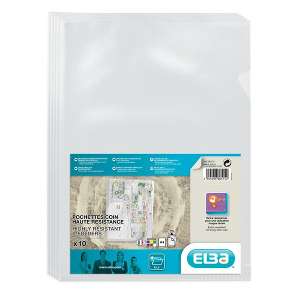 Sachet de 10 Pochettes coin haute résistance A4 PVC 15/100 Incolore ELBA