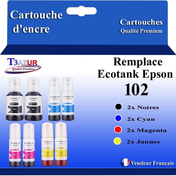 T3AZUR - 8x Recharges compatibles avec Epson EcoTank ET-2756  ET-2850  ET-2851  ET-2856  ET-3700  102