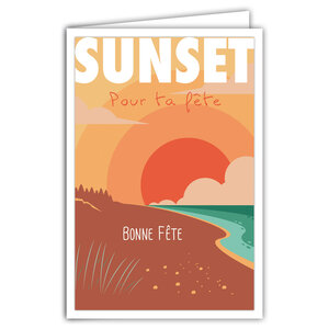 Carte Bonne FÊTE avec Enveloppe - Affichette Mini Poster Format 17x11 5cm Style Rétro Vintage Illustration Graphique - Sunset Coucher de Soleil sur l'eau Mer Plage de Sable Dunes Nature