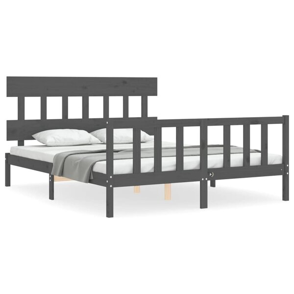 vidaXL Cadre de lit avec tête de lit gris King Size bois massif
