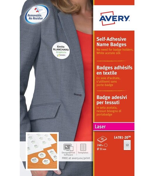 L4781-20 - 240 badges adhésifs ronds en soie d'acétate Laser Blanc Ø51 mm AVERY