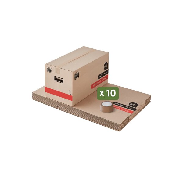 Pack and Move - Lot 10 Cartons Déménagement Premium - 60 X 30 X 30 - Extrême Résistance 25KG - Réutilisable - Poignées Renforcées - 1 Adhésif Offert