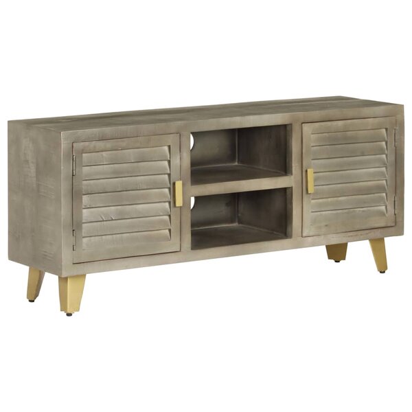 vidaXL Meuble TV Bois solide de manguier Gris avec laiton 110x30x48 cm