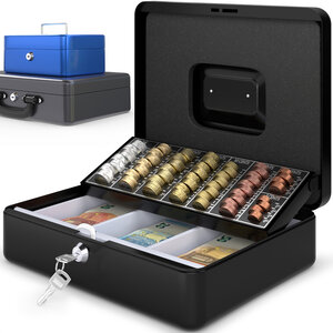 ACROPAQ Caisse à monnaie Acier - 3 Compartiments à monnaie - Coffret monnaie à 2 clés  Monnayeur et Poignée de transport robuste