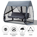 Balancelle de jardin convertible 3 places grand confort : matelas assise dossier  moustiquaire intégrale zippée avec toit   pochette rangement métal époxy polyester gris