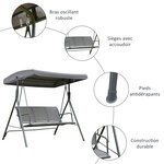 Balancelle de jardin 3 places grand confort toit inclinaison réglable assise et dossier ergonomique acier textilène gris