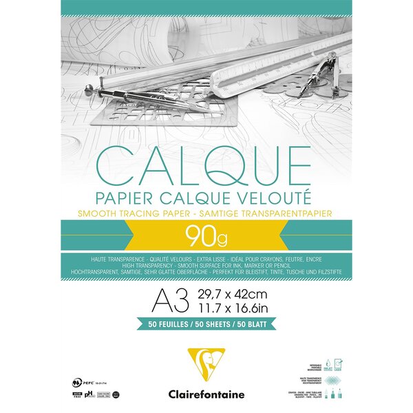 Bloc calque supérieur encollé A3 50 feuilles 90/95g CLAIREFONTAINE