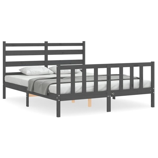 vidaXL Cadre de lit avec tête de lit gris King Size bois massif