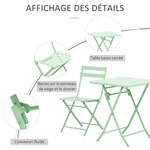 Salon de jardin bistro pliable - table carrée dim. 60L x 60l x 71H cm avec 2 chaises - métal thermolaqué vert d'eau