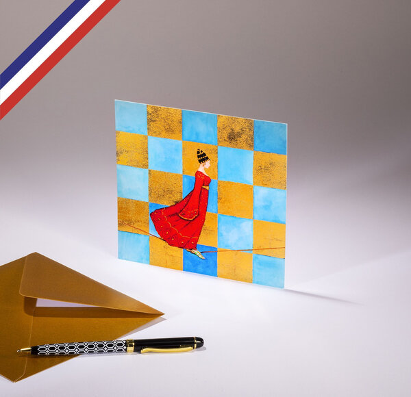 Carte simple les reine créée et imprimée en france - équilibriste en robe rouge
