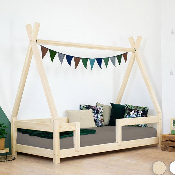 Lit Tipi enfant avec barrière bois massif naturel 90 x 190 cm