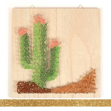 Coffret cadre en bois String Art 22 x 22 cm Cactus + masking tape doré à paillettes 5 m