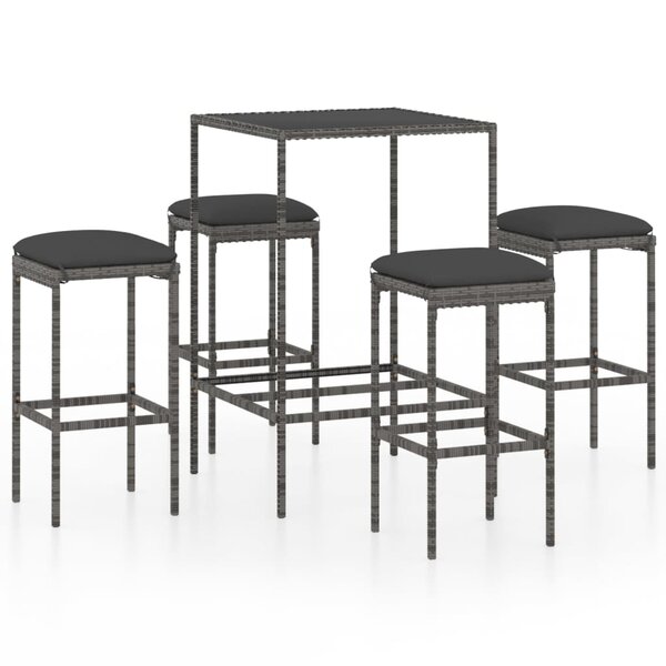 vidaXL Ensemble de bar de jardin 5 Pièces et coussins Résine tressée Gris