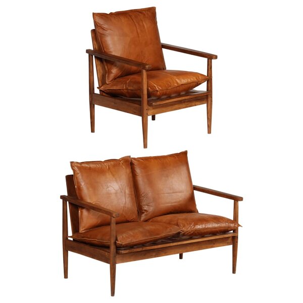 vidaXL Ensemble de canapés 2 Pièces Marron Cuir véritable et acacia