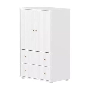 Flexa SAGA Armoire 2 portes et 2 tiroirs a facades rainurees Blanche Boutons en chene