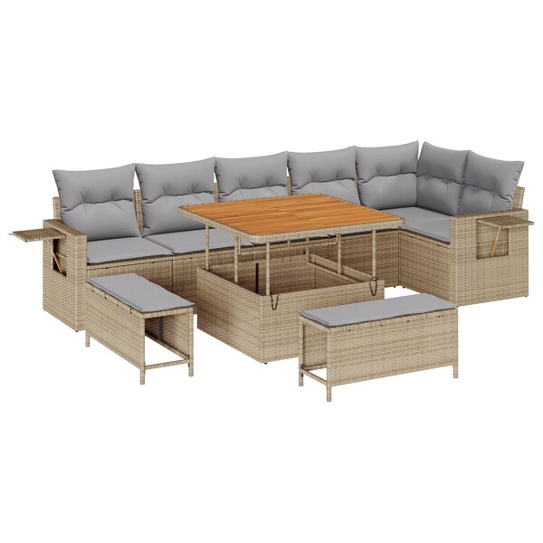 vidaXL Ensemble de Canapé de Jardin de 9 Pièces avec Coussins en Rattan Synthétique Beige et Acacia