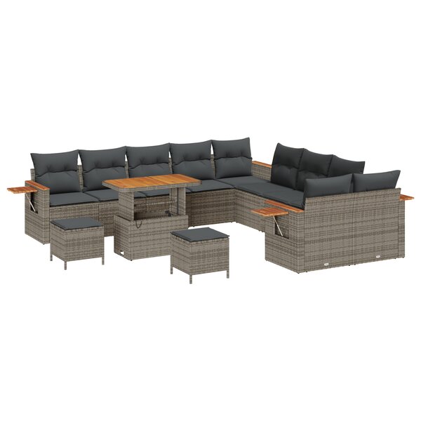 Ensemble de Canapés de Jardin 13 Pièces avec Coussins Gris Poly Rattan Acacia