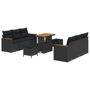 vidaXL Ensemble de canapé de jardin avec coussin 9 Pièces Noir Poly rotin