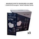 150 Masques FFP2 CE design 3D 4 plis - norme EN149:2001+A1:2009 - 3 Boîtes de 50 - sachet individuel stérile - Happy Guard