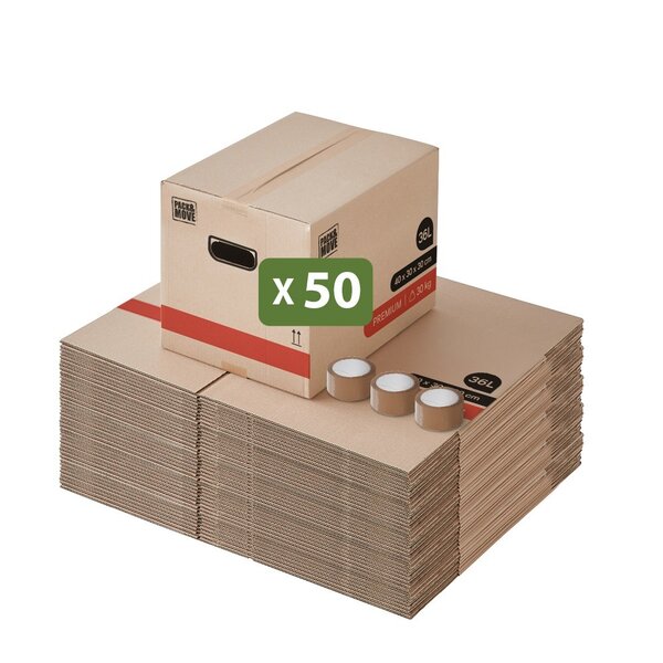 Pack and Move - Lot 50 Cartons Déménagement Livres Premium - 40 X 30 X 30 Cm - Extrême Résistance 20 KG - Poignées Renforcées - 3 Adhésifs Offerts