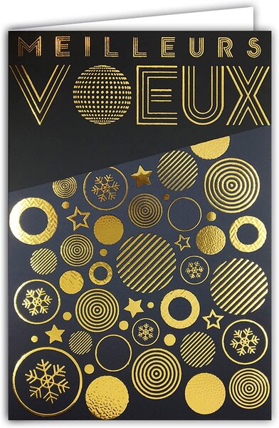 Carte meilleurs voeux bonne année boules noël en or doré brillant avec enveloppe