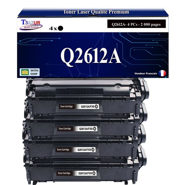 T3AZUR -4x Toners compatibles avec HP Q2612A (12A) pour HP LaserJet 1010  1012  1015  1018  1020  1022  1022N  1022NW  1028  108SE