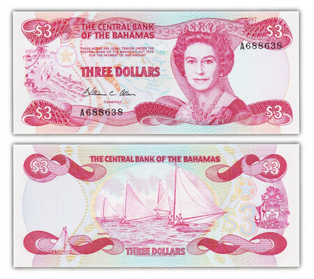 Billet de collection 3 dollars 1984 bahamas - neuf - p44