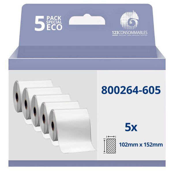 Pack de 5 Rouleaux étiquette compatible Zebra 800264-605 thermo 2000D 102mm x 152mm