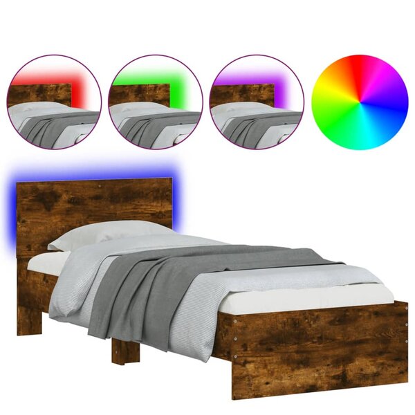 vidaXL Cadre de lit tête de lit et lumières LED chêne fumé 90x190 cm