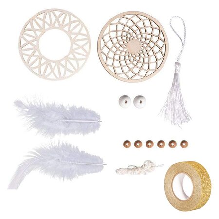 Kit attrape-rêves moyen format 26 cm - Disque bois ø 7 cm  perles  ficelle  plumes + masking tape doré à paillettes 5 m