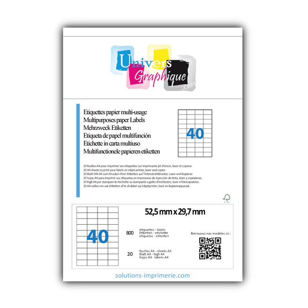 Lot de 20 planches a4 de 40 étiquettes à bords vifs 52 5 x 29 7 mm en papier blanc 70g/m² multifonction