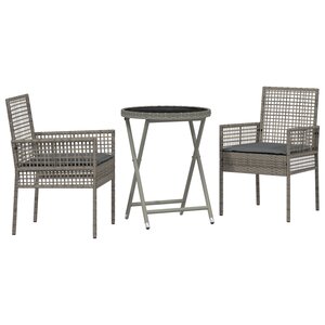 Ensemble de Bistro de Jardin 3 Pièces avec Coussins Gris en Rattan Poly