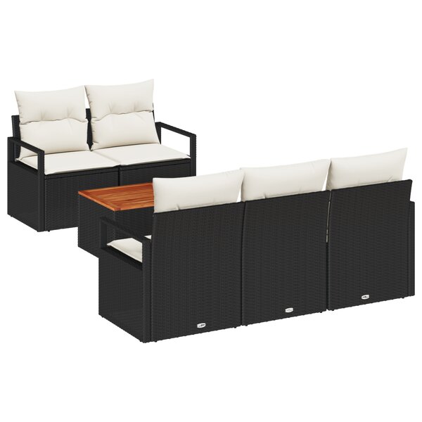 vidaXL Set de Canapé de Jardin 6 Pièces avec Coussins Noirs en Poly Rattan et Acacia