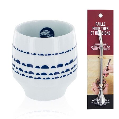 Tasse Nara porcelaine avec motifs bleus + paille inox avec filtre