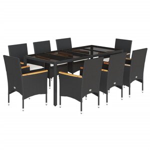 vidaXL Ensemble à manger de jardin et coussins 9 Pièces noir rotin verre