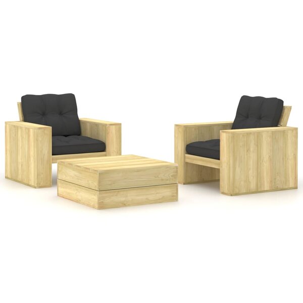 vidaXL Salon de jardin 3 Pièces avec coussins bois de pin imprégné