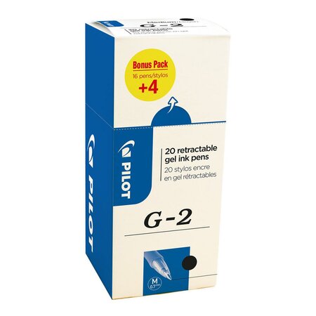 G2 - Stylo roller encre gel rétractable pointe moyenne 0,7 mm - Noir (Pack Promo 16 + 4 OFFERTS)