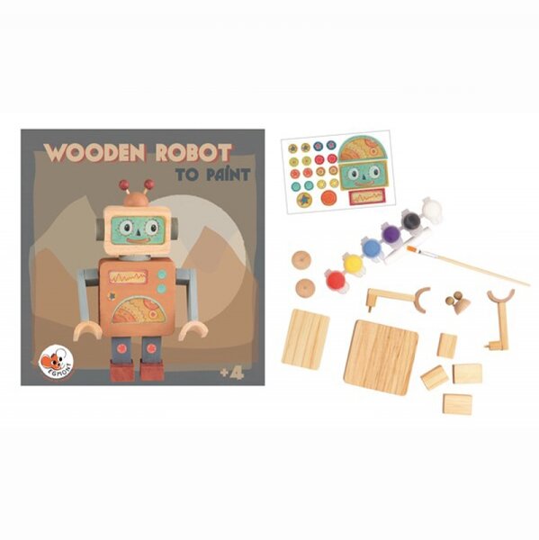 Robot en bois a peindre avec autocollants