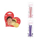 Kit pour biscuit en relief Coeur + 2 Stylos au chocolat rose pastel et violet