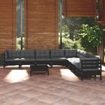 vidaXL Salon de jardin 10 Pièces avec coussins Noir Bois de pin massif