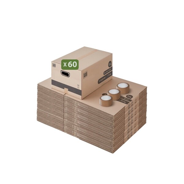 Pack and Move - Lot 60 cartons déménagement M - 60 x 40 x 30 cm - Poignées renforcées - 3 adhésifs offerts