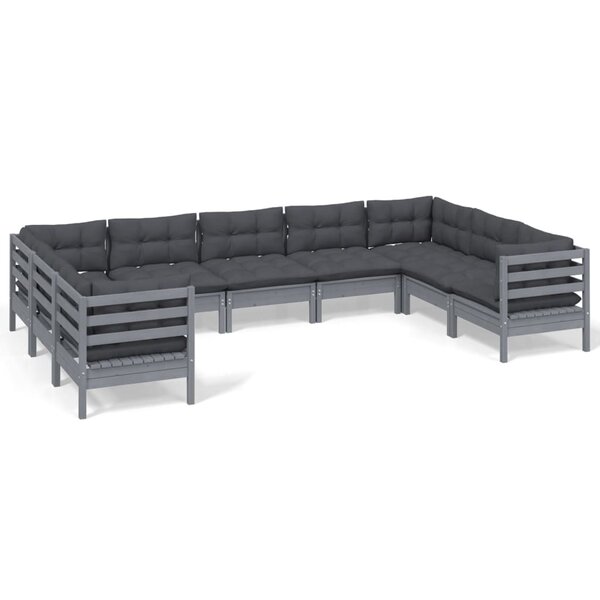 vidaXL Salon de jardin 9 Pièces avec coussins gris bois de pin