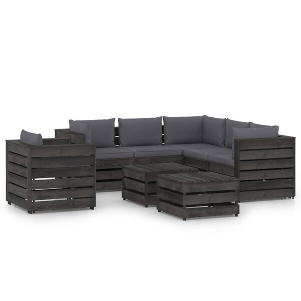vidaXL Salon de jardin 8 Pièces avec coussins Bois imprégné de gris