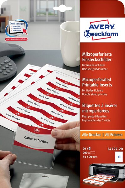 Paquet de 200 Étiquettes imprimables pour badges 90 x 54 mm 190 g blanc AVERY ZWECKFORM