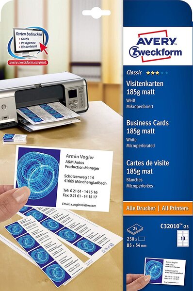 Etui 250 Cartes Visite Recto Microperforées 190g Jet d'encre Blanc mat 85x54 mm AVERY