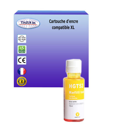 Bouteille d'encre compatible avec HP DeskJet GT5810, GT5820 remplace HP GT52- Jaune - 70ml - T3AZUR