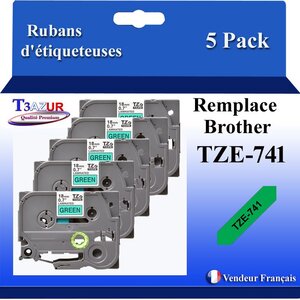 5x Rubans d'étiqueteuses compatibles avec Brother Tze741  Tze-741 pour étiqueteuses P-touch - Texte noir sur fond vert