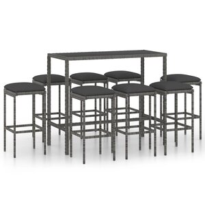 vidaXL Ensemble de bar de jardin 9 Pièces et coussins Résine tressée Gris